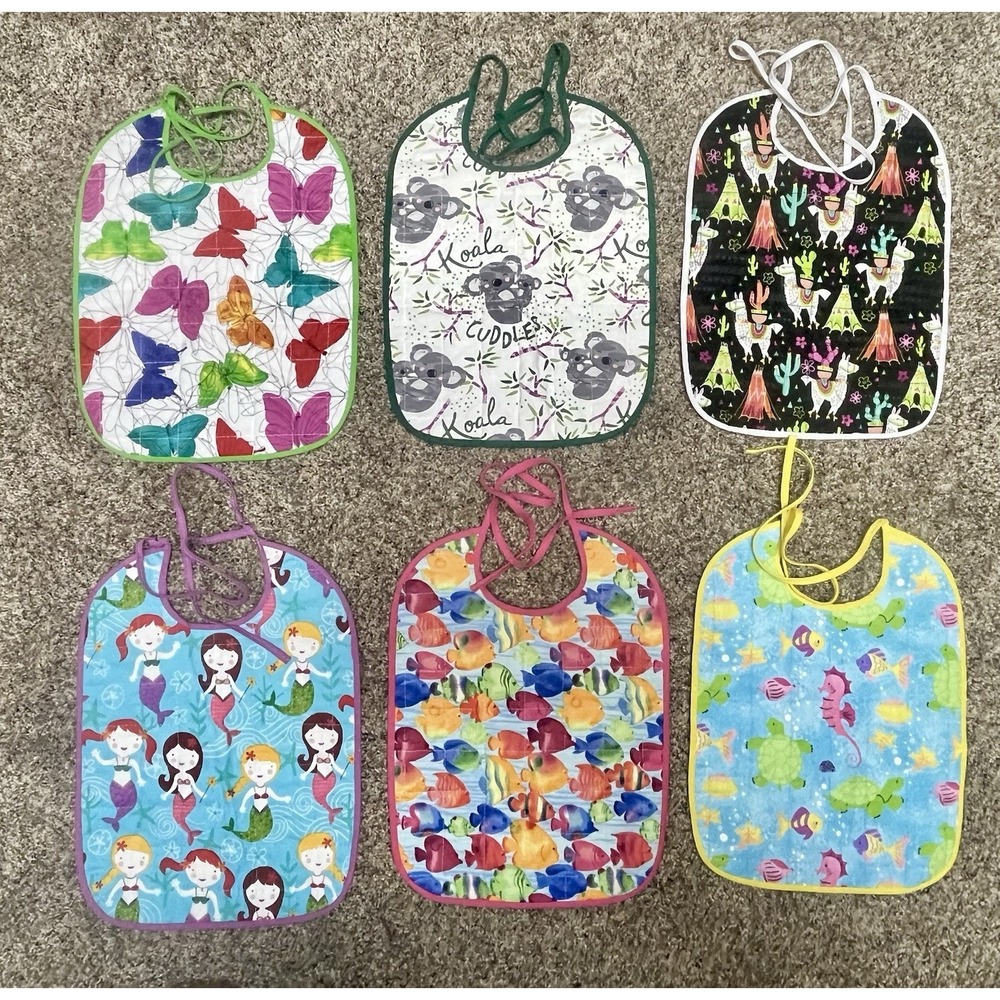 Handmade Baby Bibs Lot‎ 6 Quilted Cotton Mermaid Koala Butterfly Sea Animals